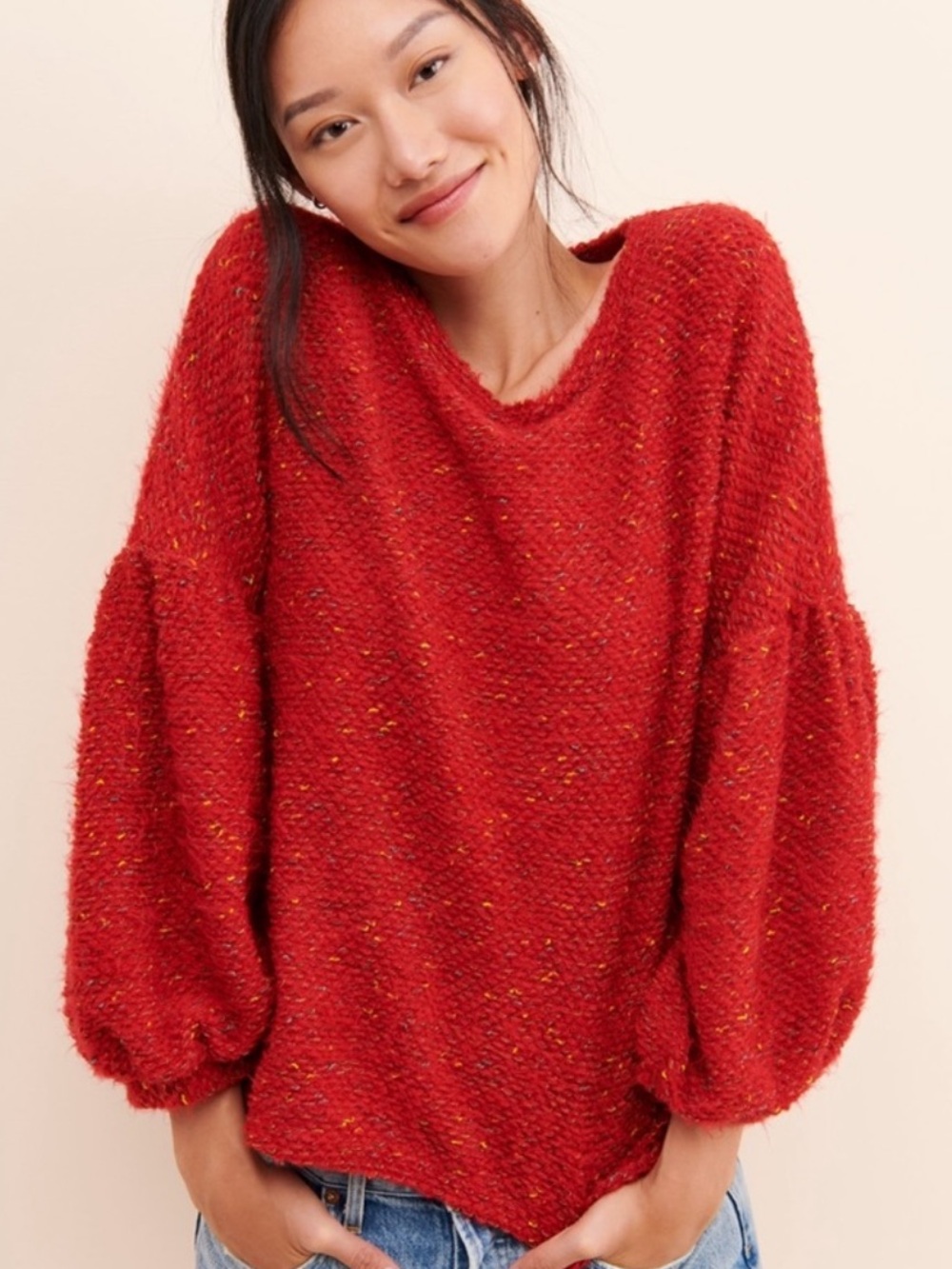 Anthropologie NWOT Blue Tassel Textured Red Balloon-Sleeve Crewneck Sweater
